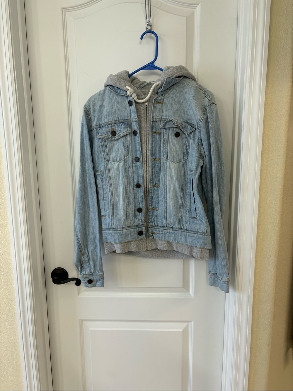 Sun + Stone Hooded Denim Jacket Small Light Wash Jean Jacket Layered Zip Hoodie